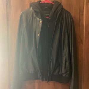 Women’s OBEY size XL black on black leather bomber hoodie jacket